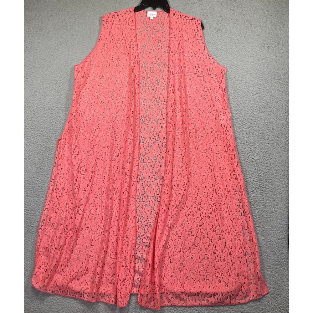 LuLaRoe Joy Vest Women XL Coral Pink Floral Lace Longline Open Front Duster